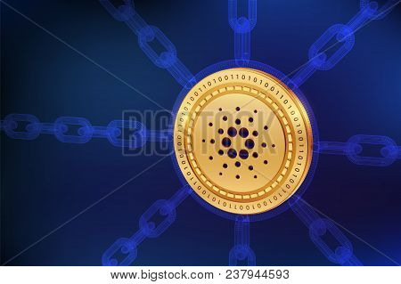 Cardano. Crypto Currency. Block Chain. 3d Isometric Physical Cardano Coin With Wireframe Chain. Bloc