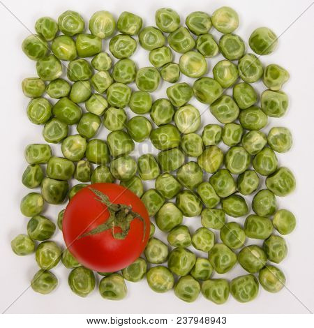 Food Background Border Frame Of Colorful Fresh Produce Raw Vegetables, Green Peas And Red Tomato