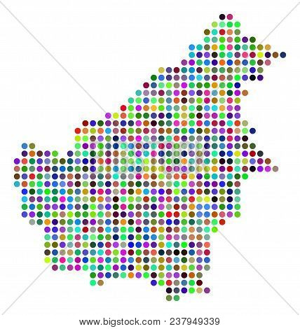 Colored Dotted Borneo Island Map. Vector Geographic Map In Bright Colors On A White Background. Colo