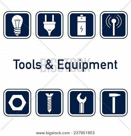 Collection Of Icons. Tools And Equipment, Metalware Elements For Web Or Logo