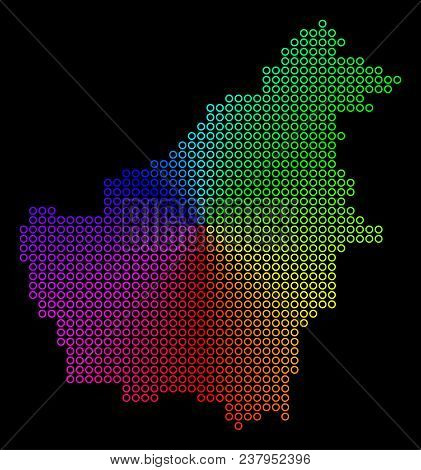 Rainbow Dot Borneo Island Map. Vector Geographic Map In Bright Spectral Colors With Circular Gradien
