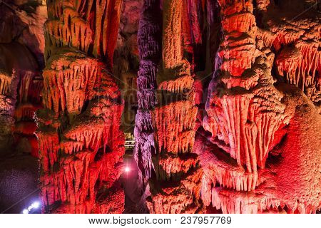 Venetsa Cave In Bulgaria. Beautiful Colorful And Illuminated Cave Full With Semiprecious Onyx Stones