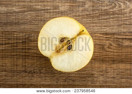 Chinese Golden Pear One Section Half Top View Nashi Variety Isolated On Wooden Background