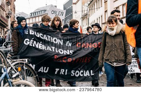 Strasbourg, France  - Mar 22, 2018: Education Generation By Students With Demonstration Protest Agai