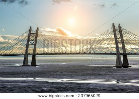 Saint-petersburg.russia.6 April 2018. View Of The Cable-stayed Bridge Of The Western High-speed Diam