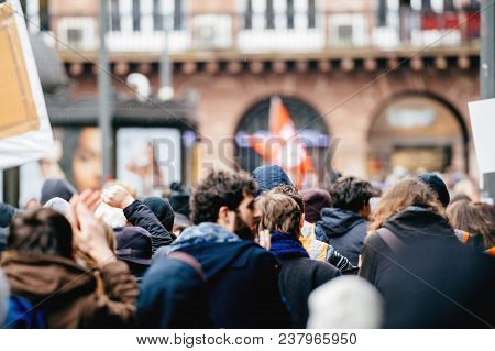 Strasbourg, France  - Mar 22, 2018: Smal Rain Drops Over Demonstration Protest Against Macron French