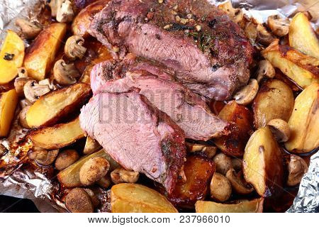 Grilled Pork Meat With Potatoes. Barbecue. Selective Focus