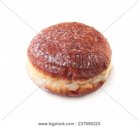 Homemade Doughnuts With Jelly Filled And Powdered Sugar Isolated On White Background. Selective Focu