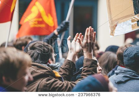 Strasbourg, France  - Mar 22, 2018: Making Noise Hands Demonstration Protest Against Macron French G