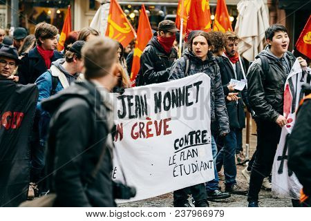 Strasbourg, France  - Mar 22, 2018: Young People At Demonstration Protest Against Macron French Gove