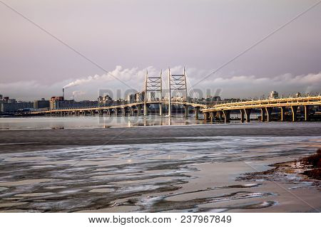 Saint-petersburg.russia.6 April 2018. View Of The Cable-stayed Bridge Of The Western High-speed Diam