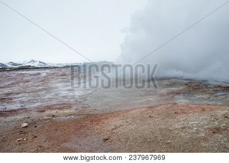 A Plume Of Steam Escapes From The Gunnuhver Hot Spring In Iceland