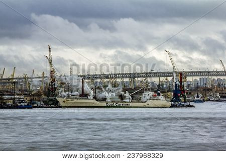 Saint-petersburg.russia.6 April 2018. Cranes  And Ships In The Marine Cargo Port Of Saint-petersburg