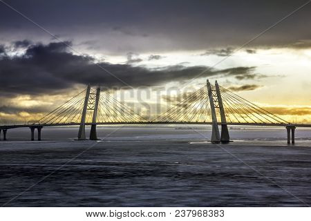 Saint-petersburg.russia.6 April 2018. View Of The Cable-stayed Bridge Of The Western High-speed Diam