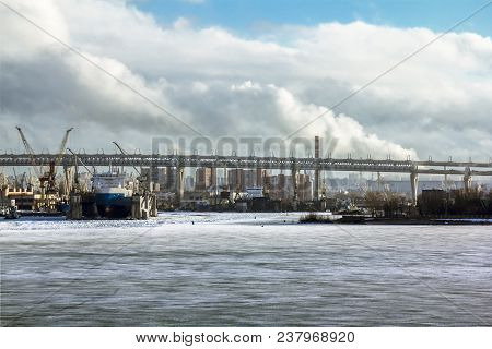 Saint-petersburg.russia.6 April 2018. Cranes  And Ships In The Marine Cargo Port Of Saint-petersburg