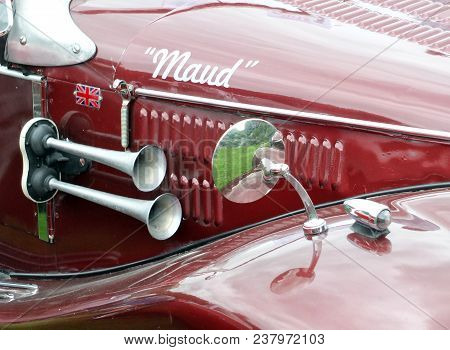 Hebden Bridge, West Yorkshire, England - August 5 2017: Detail Of A Red Old Sports Car With Mirror, 