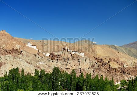 View On The Beautifully Located Buddhist Monastery In The Basgo Village In The Background One Can Se
