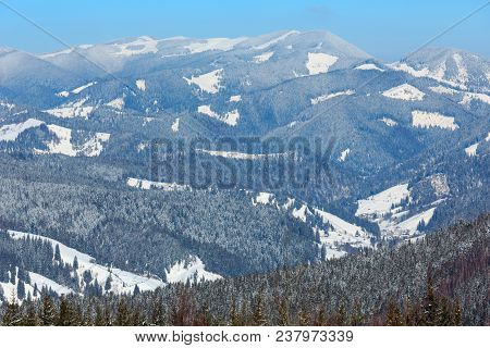 Picturesque Winter Hazy Day Carpathian Mountain View From Skupova Mountain Slope, Ukraine. View To K