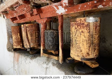 Buddhist Choskhor Monastery In The Alchi Village In The Ladakh. Tibetan Prayer Grinder