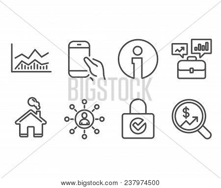 Set Of Networking, Business Portfolio And Hold Smartphone Icons. Password Encryption, Trade Infochar
