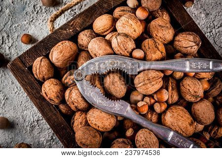 Various Nuts And Nutcracker In Wooden Box. On Rustic Grey Stone Table, Copy Space