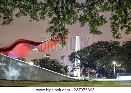 Sao Paulo, Brazil. June 02, 2017: Night View Of Facade Of The Ibirapuera Auditorium (portuguese: Aud
