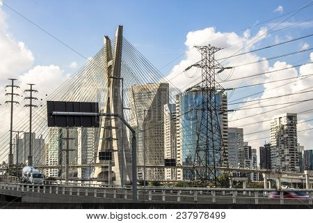 Sao Paulo, Brazil, July 10, 2017. View Of The Octavio Frias De Oliveira Bridge, Known As The Estaiad