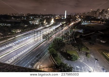 Sao Paulo, Brazil, April 22, 2018 Aerial Night View Of Traffic On The Famous 23 De Maio Avenue In Sa