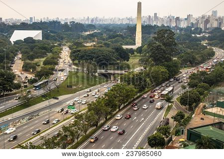 Sao Paulo, Brazil, April 24, 2018 Aerial View Of Traffic On The Famous 23 De Maio Avenue In Sao Paul