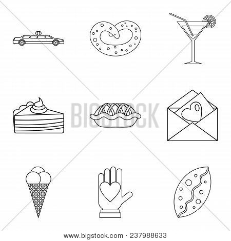 Falling In Love Icons Set. Outline Set Of 9 Falling In Love Vector Icons For Web Isolated On White B