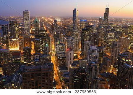 An Aerial Of Chicago Skyline At Night