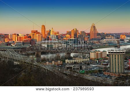 A View Of The Cincinnati Skyline At Twilight