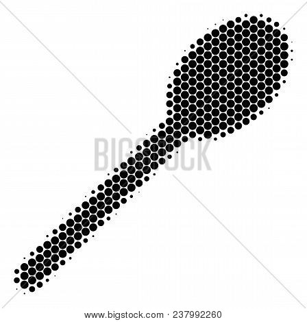 Halftone Round Spot Spoon Icon. Pictogram On A White Background. Vector Mosaic Of Spoon Icon Done Of
