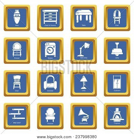 Interior Furniture Icons Set Vector Blue Square Isolated On White Background
