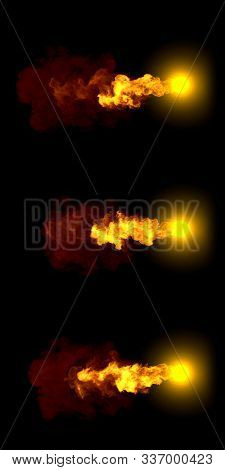 3 Various Renders Of Flying Fireball - High Detail Fireball Concept Isolated On Black, 3d Illustrati