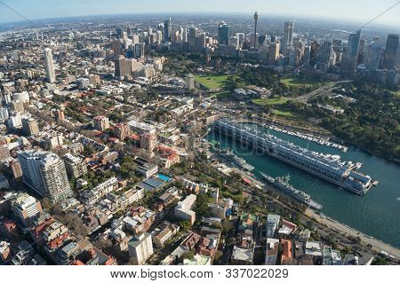 Aerial Cityscape Of Sydney Woolloomooloo Suburb And Historic Wharf. Sydney Aerial Urban Skyline Land
