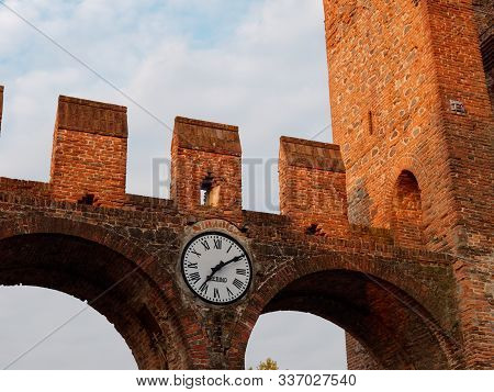 Montagnana, Italy - August 26, 2019: Red Brick Fortress Wall Of The Old City