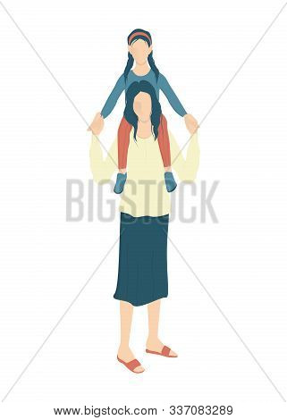 Beautiful Mother Holding Her Daughter On Shoulders. Young Woman And Cute Girl.
