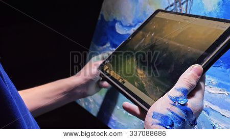 Artist Copyist Paint Seascape With Ship In Ocean. Craftsman Decorator Draw As Boat Sail On Blue Sea 