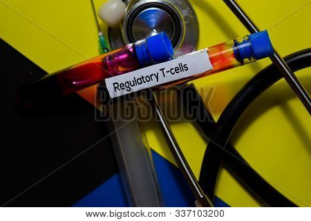 Regulatory T- Cells Text With Blood Sample. Top View Isolated On Office Desk Background. Healthcare/