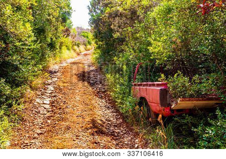Dirt Road Through The Bushes With Old Abandoned Inside The Bush Red Tender Car Body Carcass In Mount