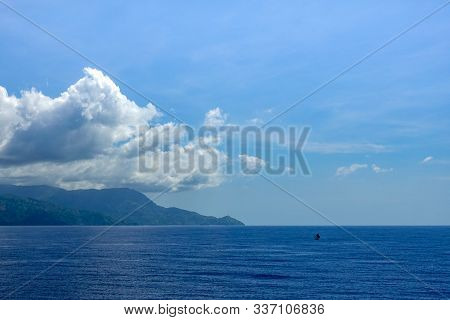 Haiti-11/1/19: The Hazy And Mountainous Coastline Of The Caribbean Island Of Haiti As A Cruise Ship 