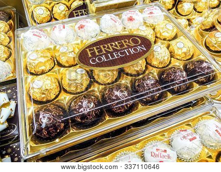 Samara, Russia - November 30, 2019: Ferrero Rocher Chocolate On The Shelf At The Grocery Store. Popu