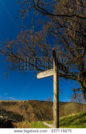 Three Way Wooden Finger Post, Visible Permissive Path, Thirlmere Loop. Lake District National Park, 