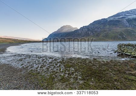 Early Morning Cwm And Lake, Snow On Mountain Y Garn.  Snowdonia National Park, Gwynedd, Wales, Uk. P