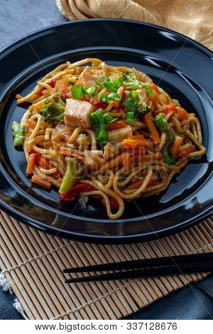 Eating Chinese Chicken Chow Mein Noodles With Chopsticks