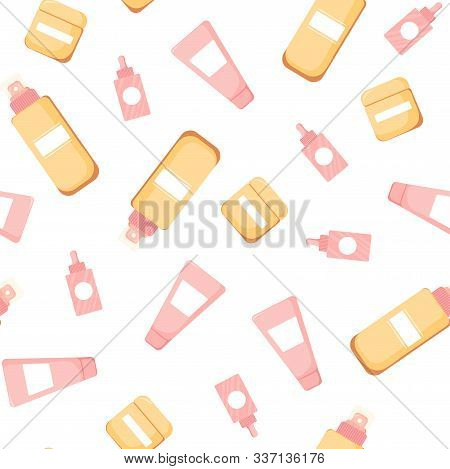 Seamless Pattern With Cute Skincare Elements Cosmetics. Commercial Beauty Product Template, Backgrou