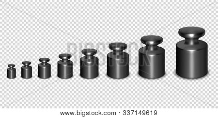 Vector 3d Realistic Metal Calibration Laboratory Weight Different Sizes Icon Set Closeup Isolated On