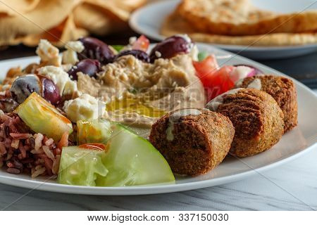 Loaded Salad Greek Falafel Hummus Plate With Pita Bread