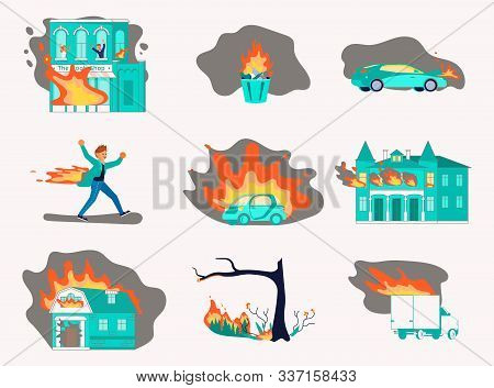 Bundle Of Fire And Burning. Fiery House, Forest And Car, Garbage Burn, Stuntman Aflame Isolated On W